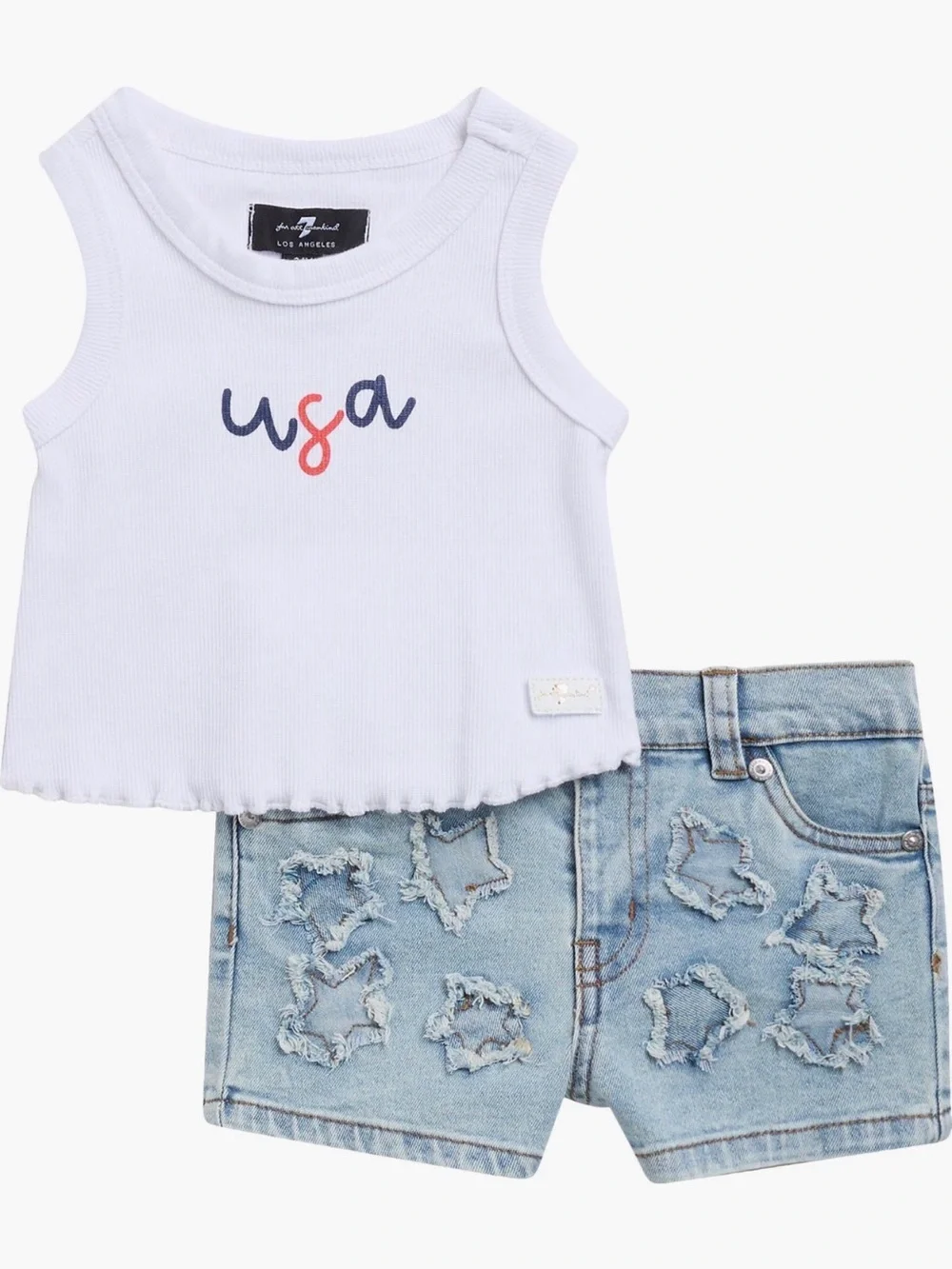 7 For All Mankind Kids White Tank + Light Blue Distressed Denim Shorts Set